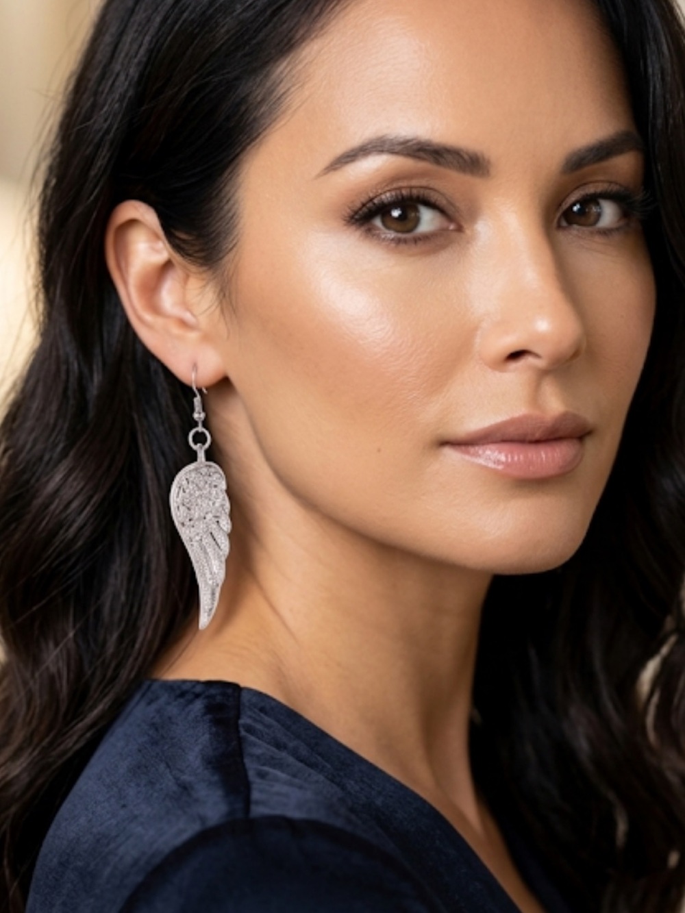 NWT Silver Angel Wing Dangle Earrings Gothic Boho Textured Feather Drop